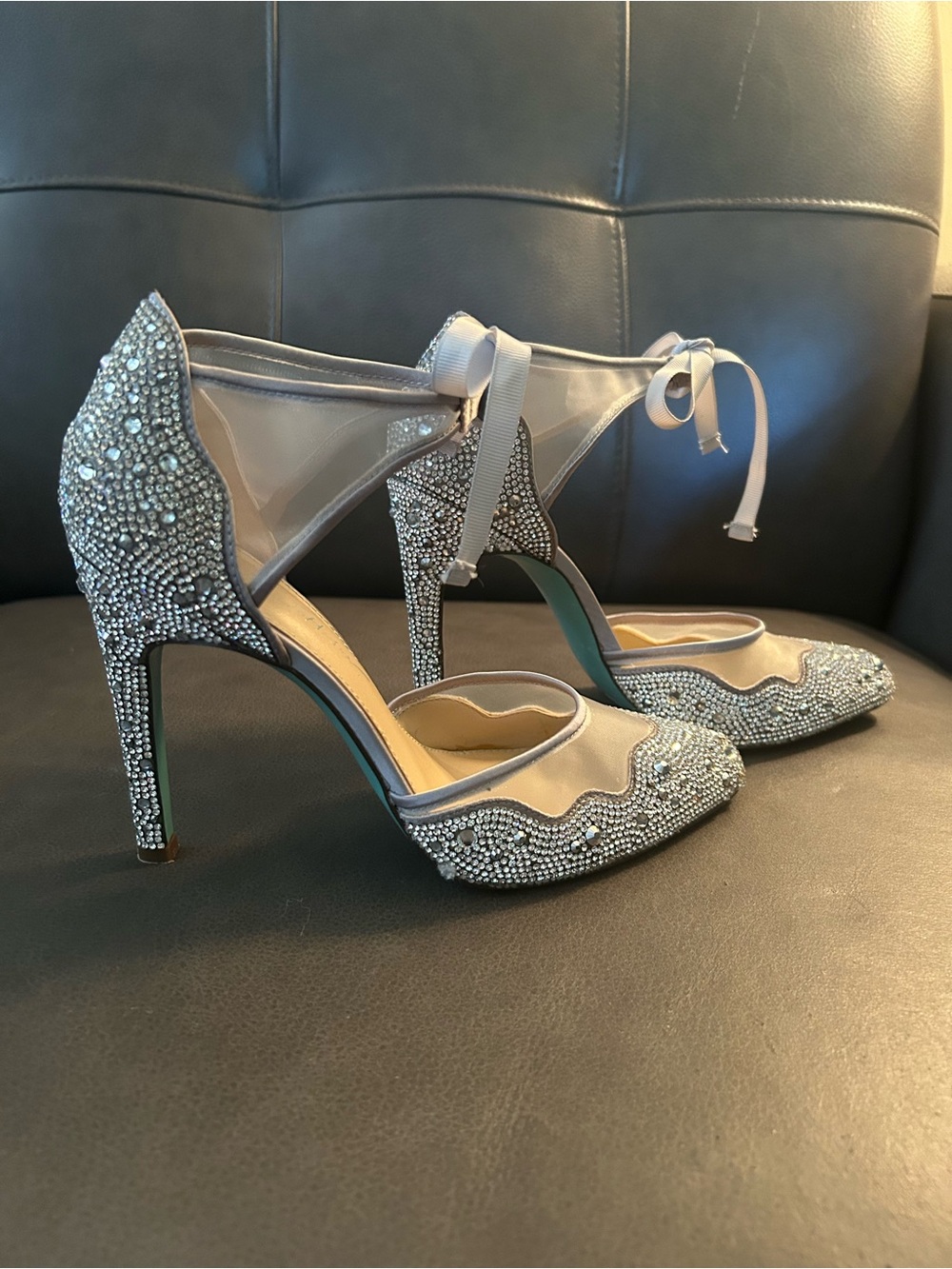 Betsey Johnson Iris Evening Silver Crystal Embellished Ankle-Tie Heels